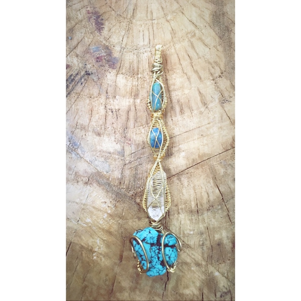 Turquoise, quartz & Chrysocolla  Wirewrap Pendant